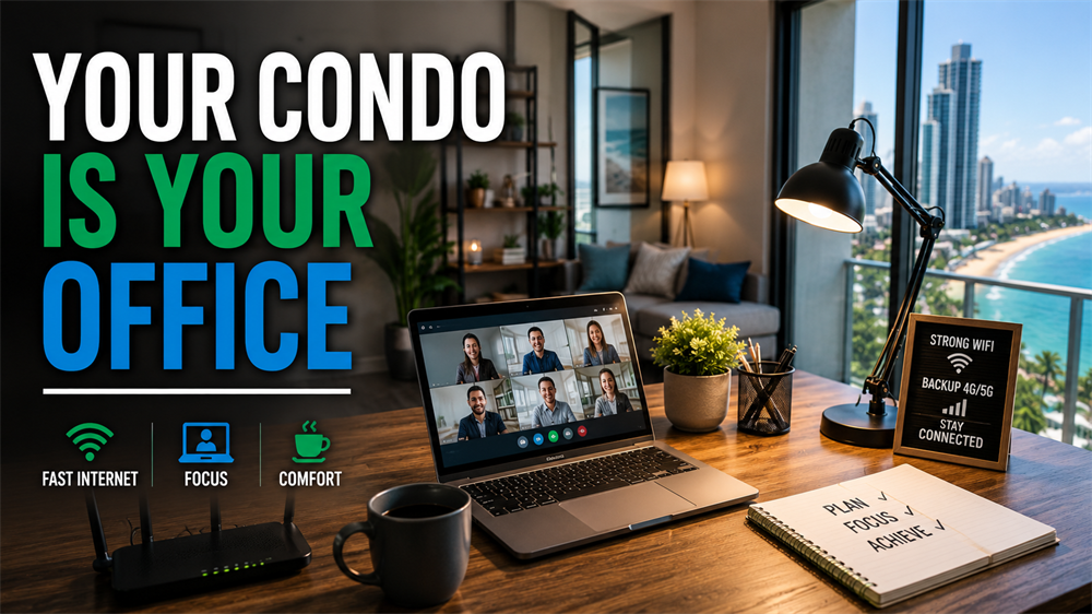 Modern Pattaya condominium home office with reliable internet and video conferencing setup for remote workers and digital nomads.